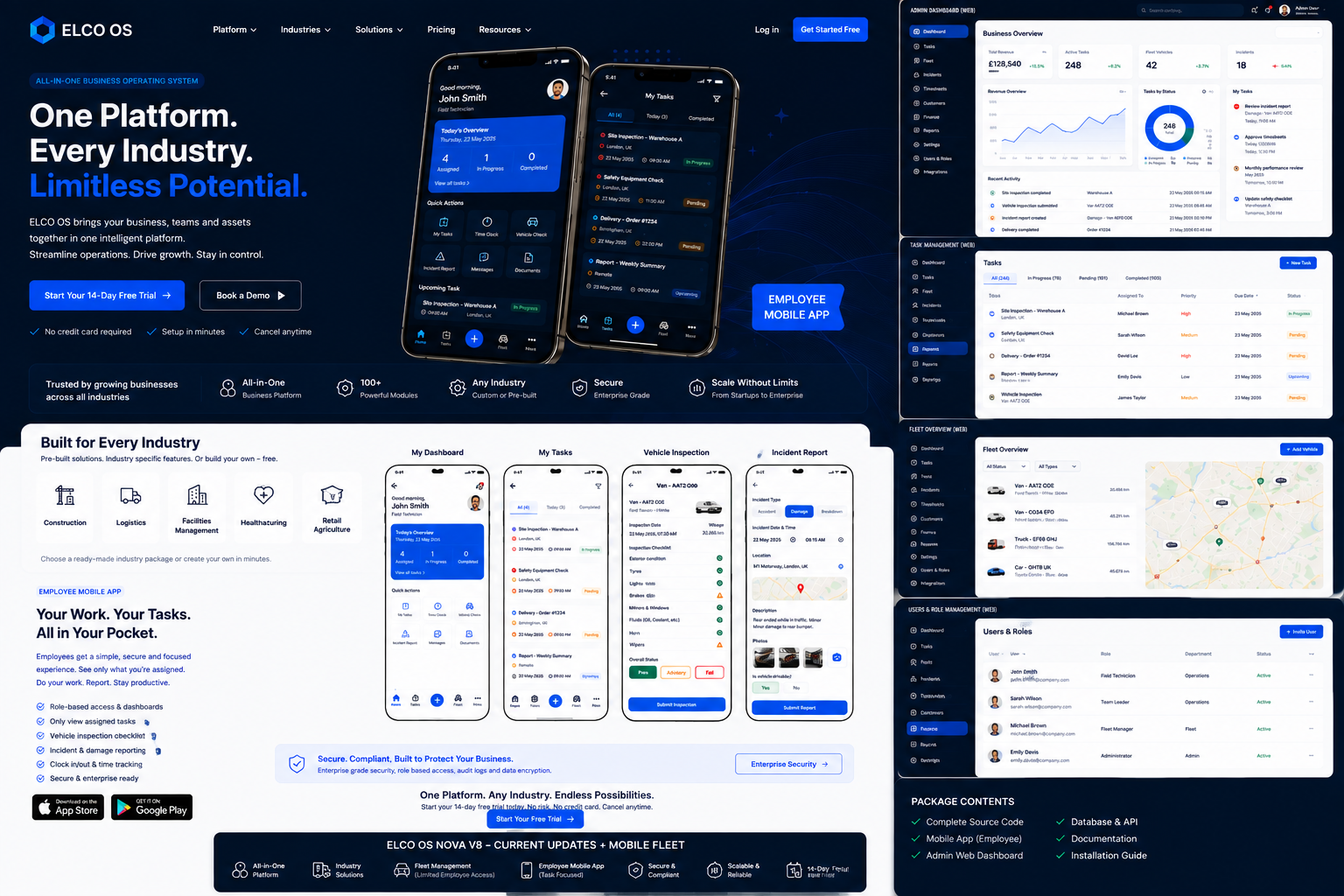 ELCO OS business operating system showing the employee mobile app, business dashboard, tasks, fleet, users and industry solutions.